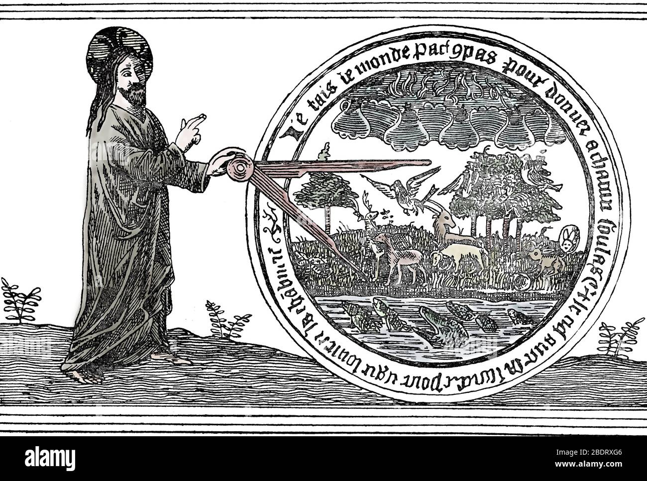 Representation de dieu grand architecte du monde, un compas a la main -  Gravure d'apres une miniature du 'Tresor' de Brunetto Latini (1220-1294), man Stock Photo