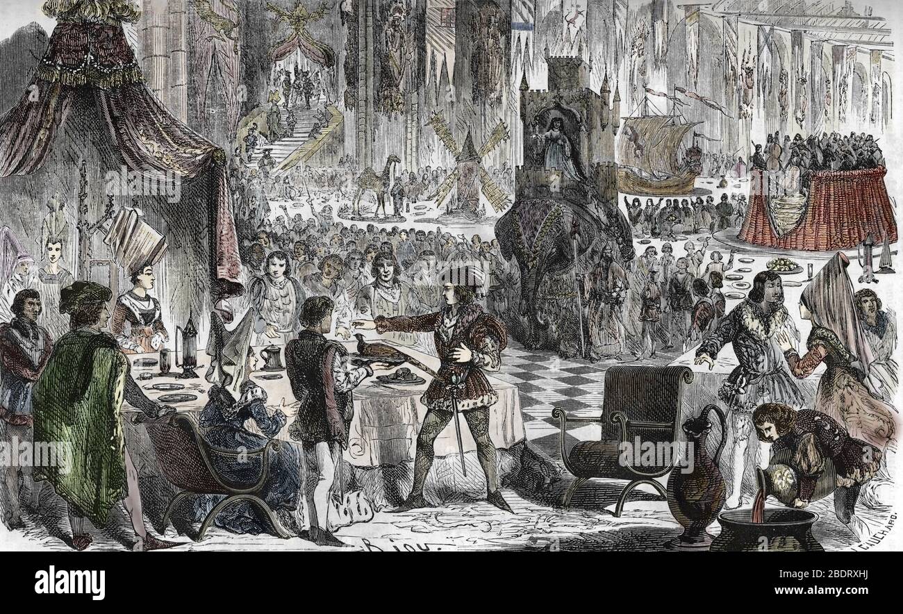 Voeu du faisan (1454) : Philippe le Bon, duc de Bourgogne, et sa cour lors du 'Banquet du faisan', tenu a Lille le 17/02/ 1454, font le serment de del Stock Photo