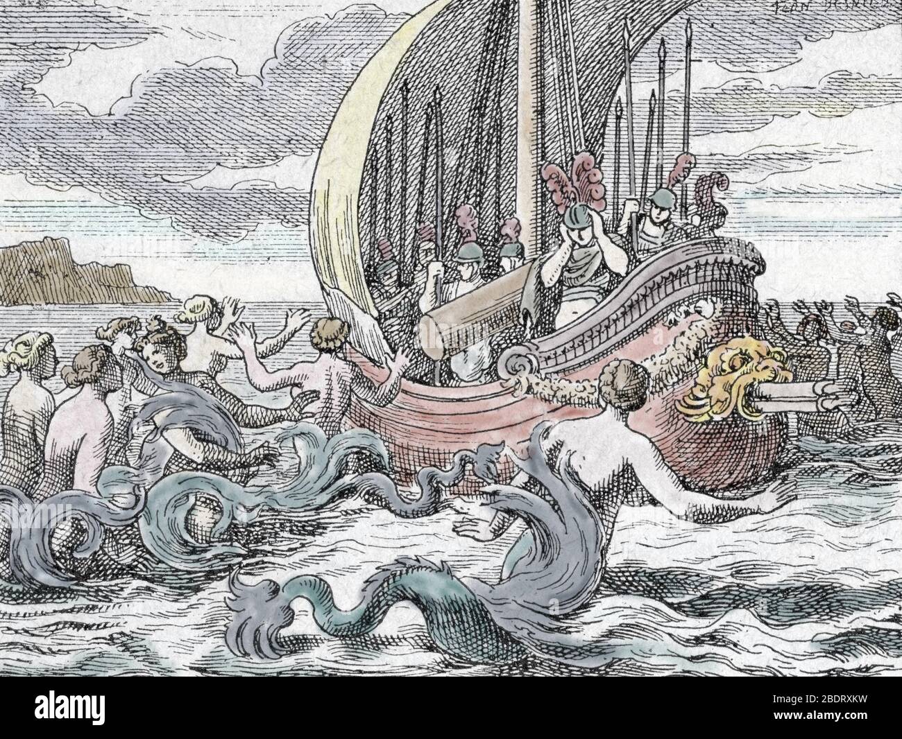 Odyssee d'Homere : 'Les sirenes cherchant a pieger le navire d'Ulysse par leur chant' (Odyssey by Homer : Odysseus and the sirens trying with their so Stock Photo