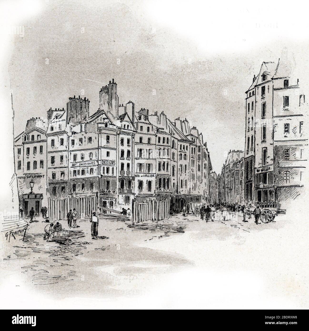 "Vue de la place Maubert, Paris" Dessin de Gustave Fraipont (1849-1923) tire de "La seine a travers Paris" de saint-Juirs, 1890 Collection privee Stock Photo