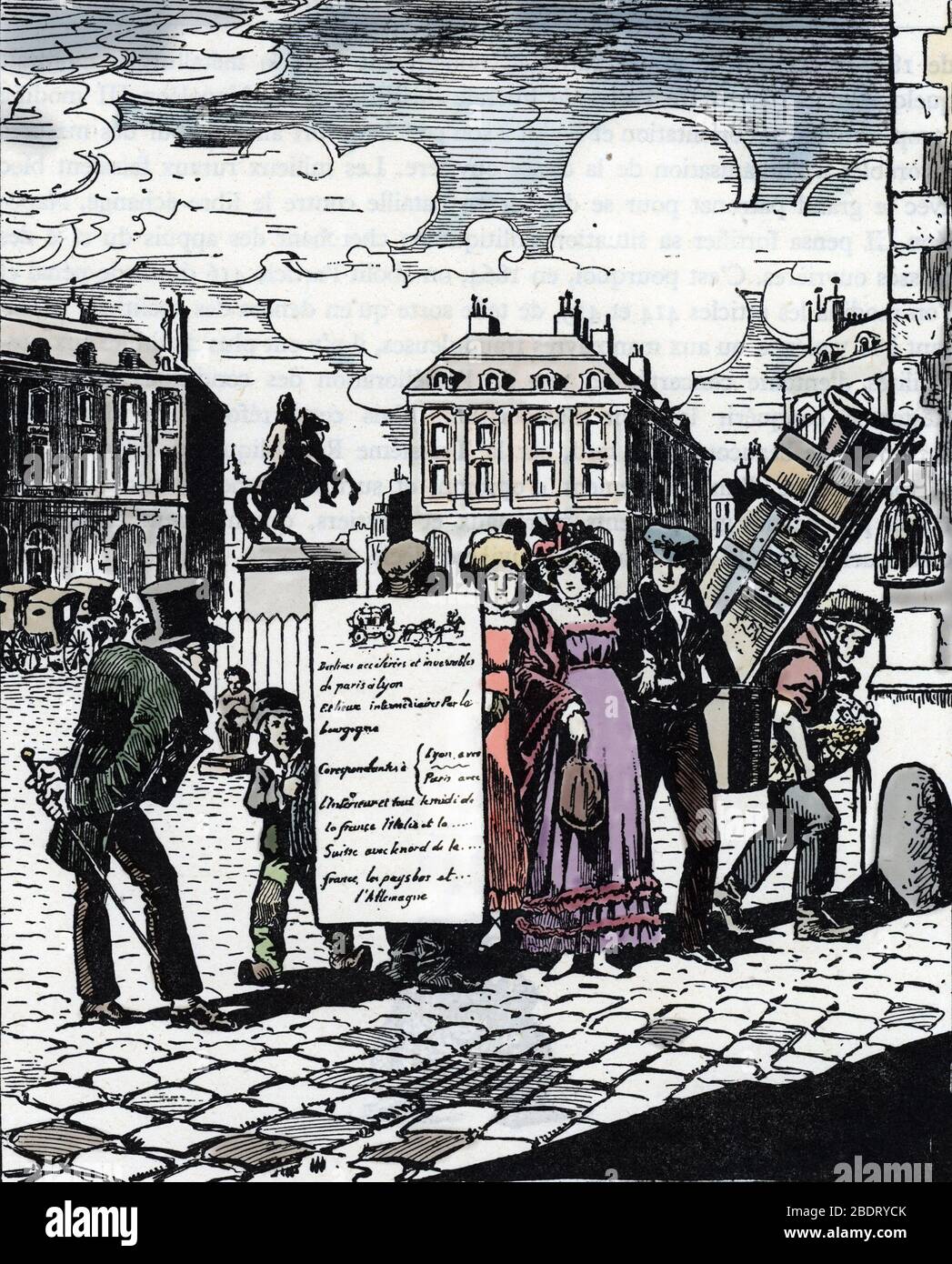 'Organisation du commerce prive, un homme-sandwich portant une affiche sur la place des Victoires, premier essai de publicite vers 1820, Paris' (Histo Stock Photo