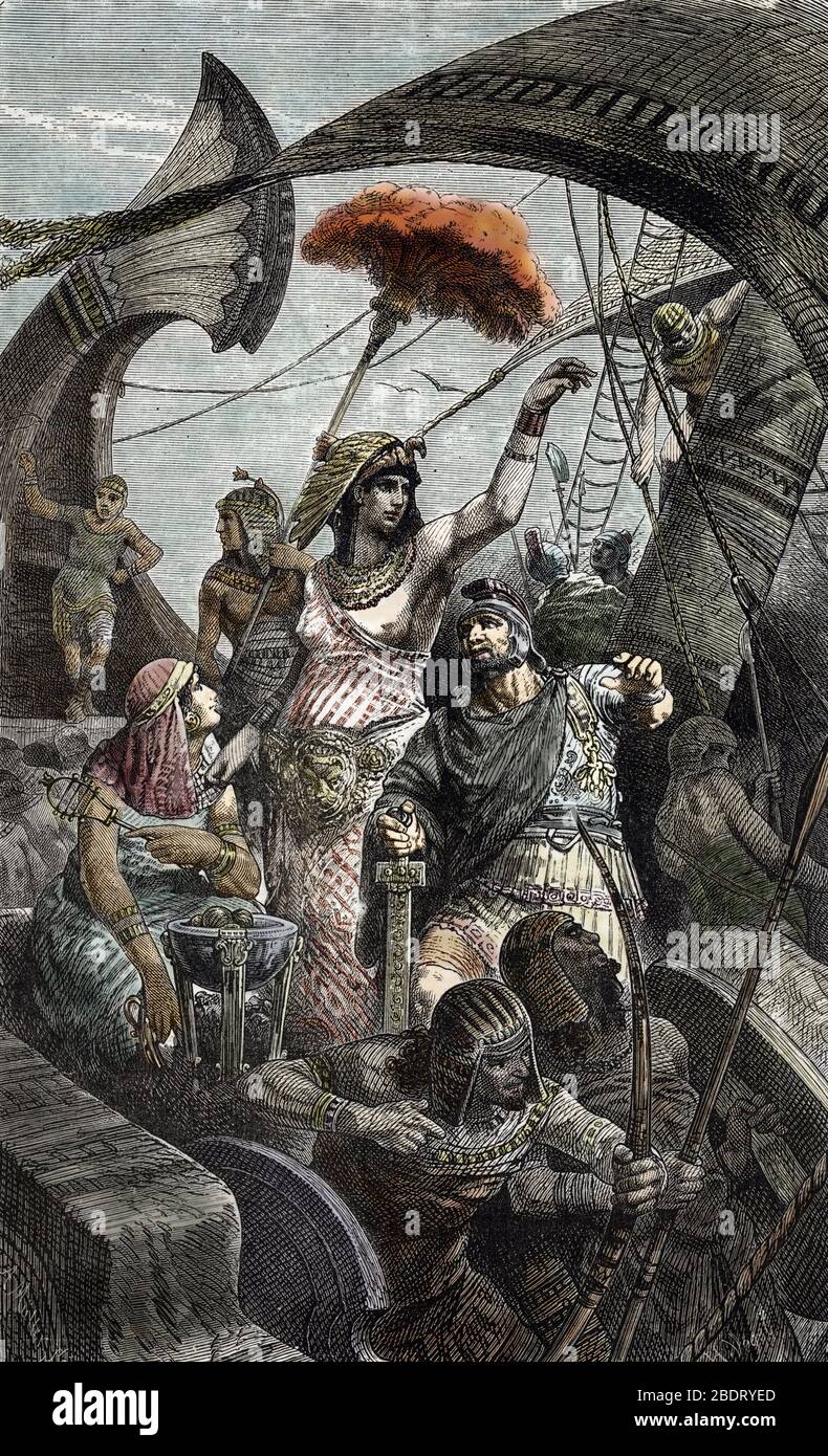 Antiquite, guerre civile romaine : la reine egyptienne Cleopatre VII Thea Philopator (69-30 avant JC) lors de la bataille d'Actium dans le Golfe Ambra Stock Photo