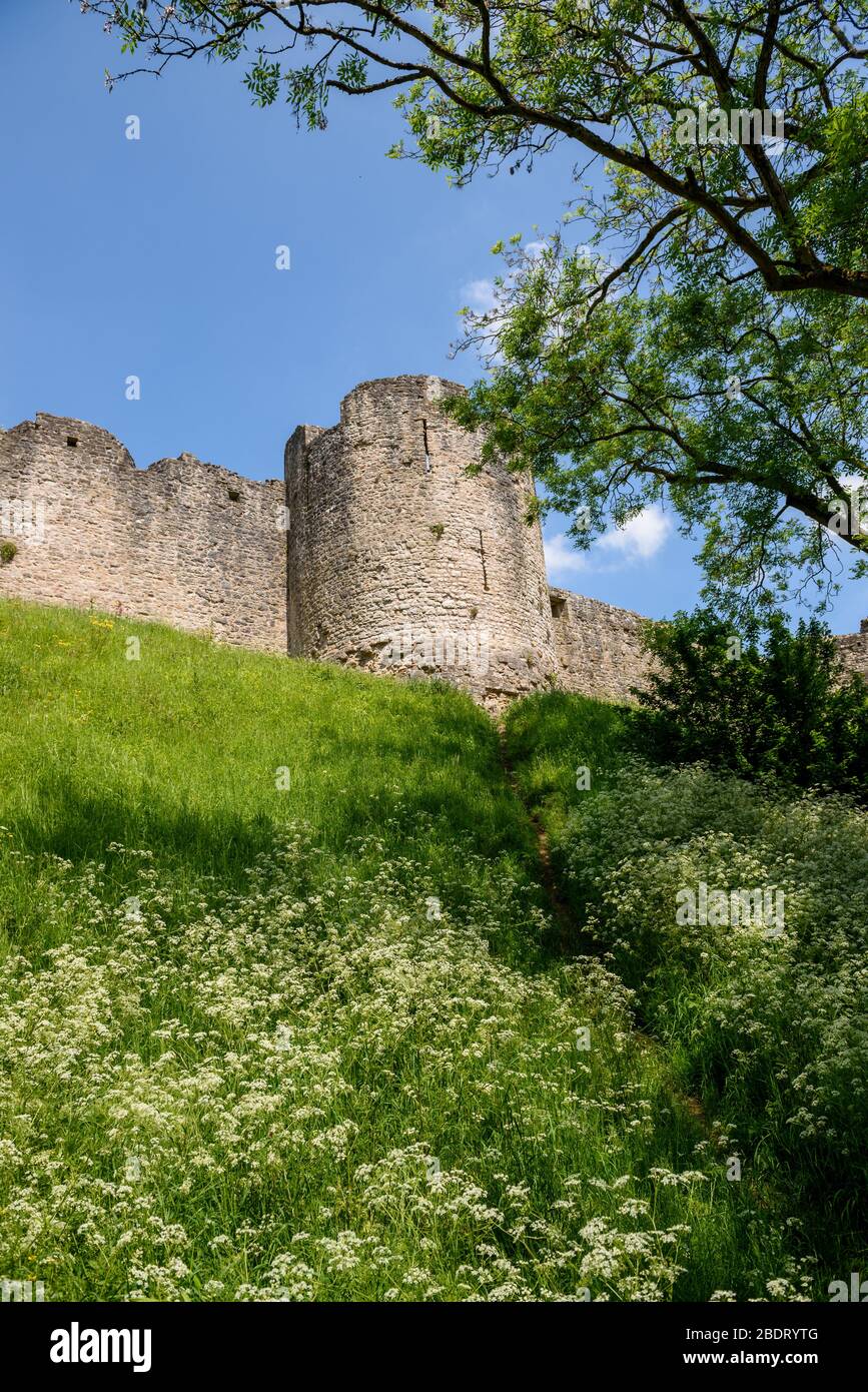 Chepstow Castle sits beside the River Wye in Monmouthshire, South Wales Stock Photo