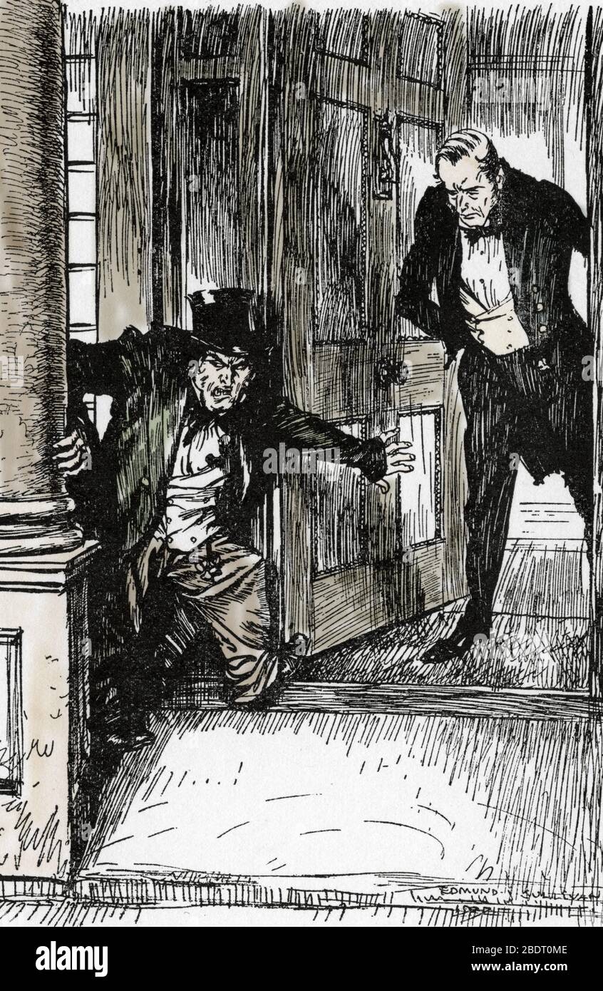 'Dr Lanyon ouvre sa porte et decouvre Mr Hyde vetus d'habits bien trop grands, Illustration de Edmund Joseph Sullivan (1869-1933) pour le roman 'L'Etr Stock Photo