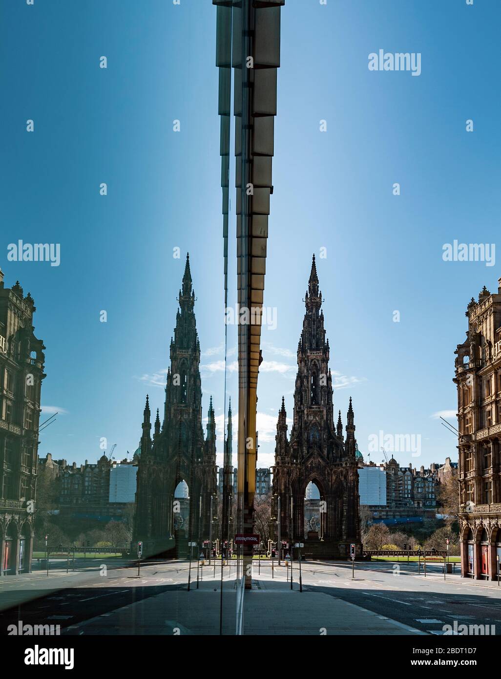 Edinburgh, Scotland, UK. 8 April 2020. Images from Edinburgh during the continuing Coronavirus lockdown. Pictured; View of Scott monument from deserted South St David Street in city centre. Iain Masterton/Alamy Live News. Stock Photo