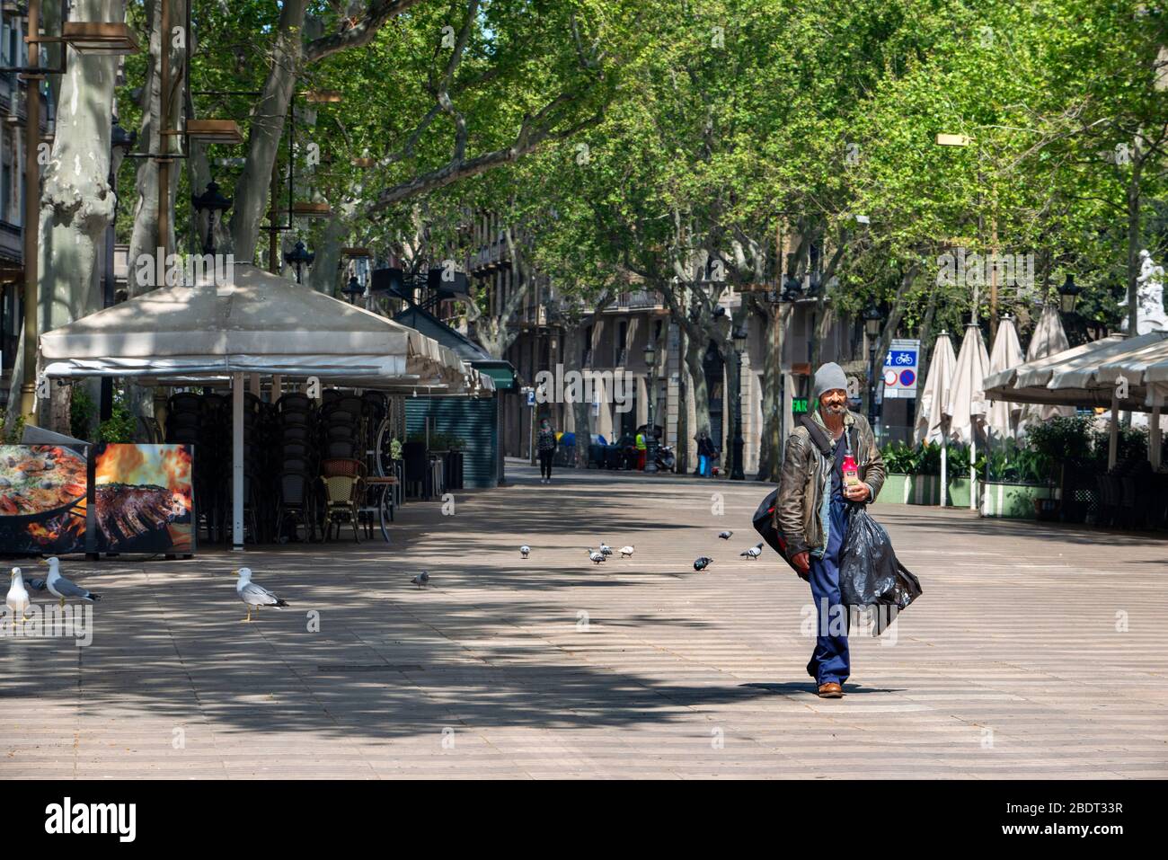 Homeless in The Ramblas in Barcelona is practically deserted due to the total confinement of the population in Spain. Spain is one of the countries mo Stock Photo