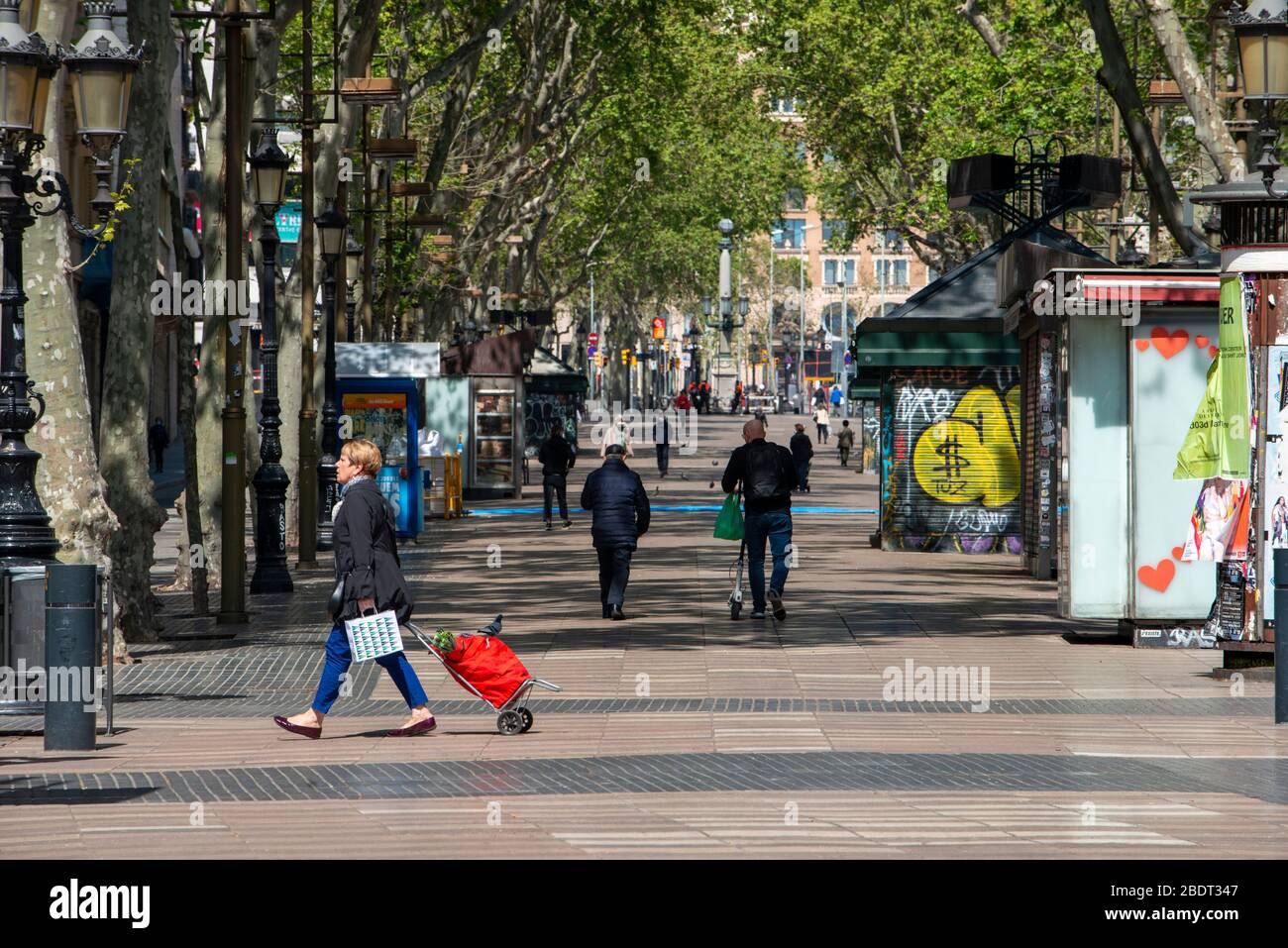The Ramblas in Barcelona is practically deserted due to the total confinement of the population in Spain. Spain is one of the countries most affected Stock Photo
