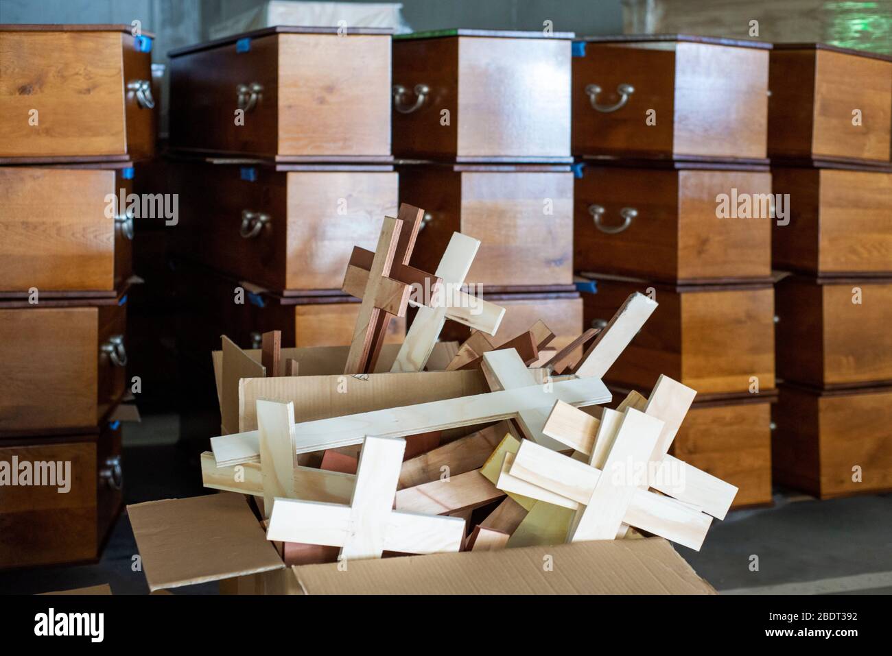 Parking area of Collserola Mortuary full of coffins, of which most have corpse and others waiting for those to die in the next days. Spain is one of t Stock Photo