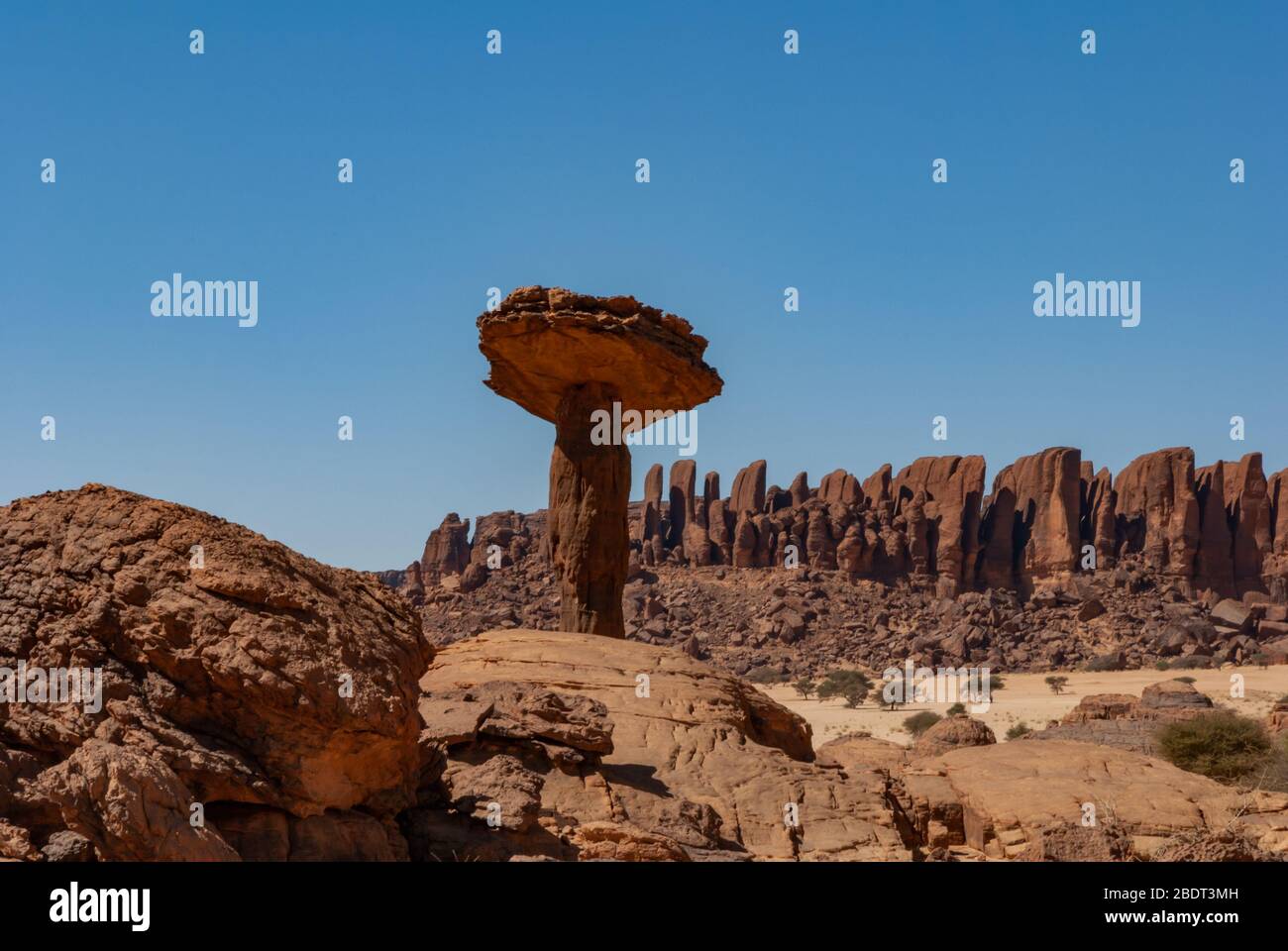 Sandstone towers in form of mushroom in the Ennedi desert of Chad, Africa Stock Photo