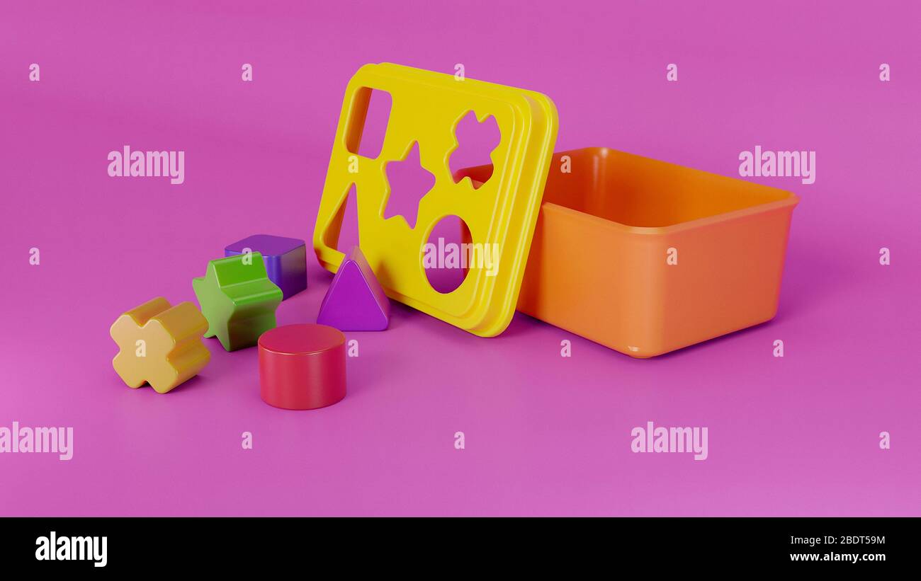Colorful geometry toy box. Children game. 3D illustration Stock Photo