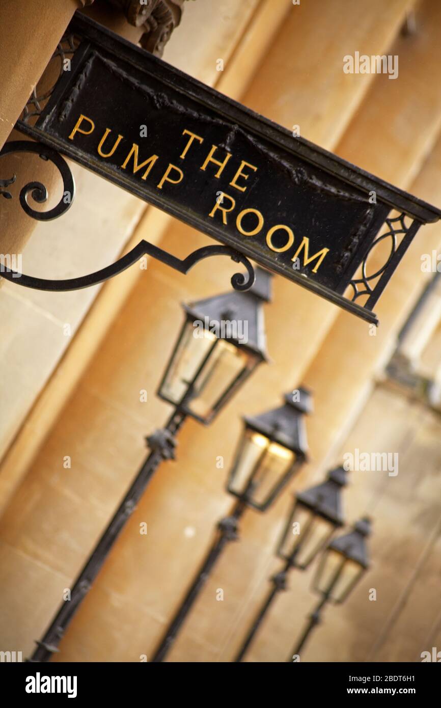 The Bath Pump Rooms sign in Bath city centre Stock Photo Alamy