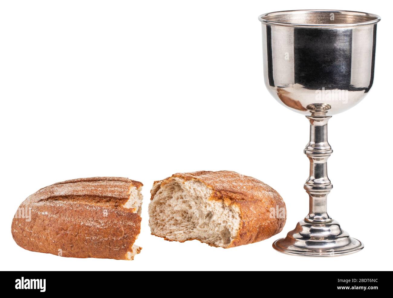 holy communion chalice with wine and bread isolated on white background