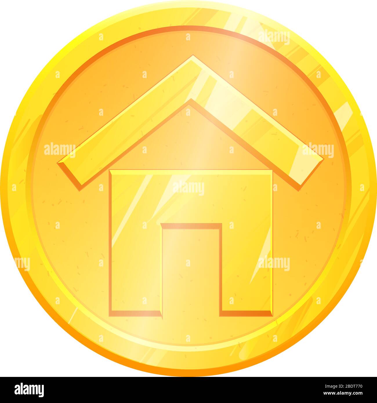 House coin gold icon on white background. Home simple metal isolated pictogram. Web sign. Geometric shape for games and apps. Real estate Vector element logo. Stock Vector