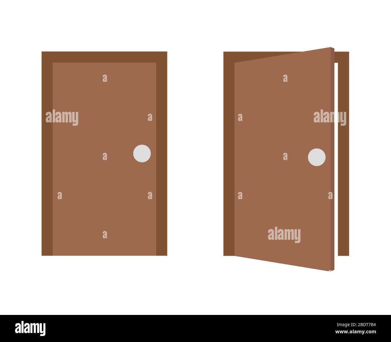 Closed and opened wooden door illustration, vector icon in flat color. Stock Vector