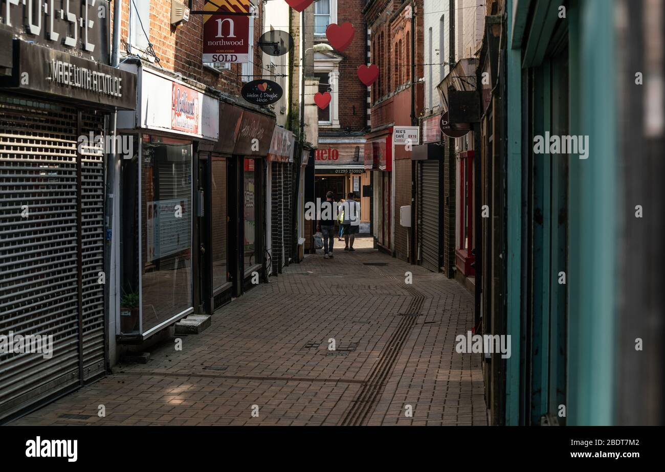The start of a sunny Easter weekend, April 2020, and the streets of Banbury are largely deserted. UK lockdown. Coronavirus. Business closures. Stock Photo