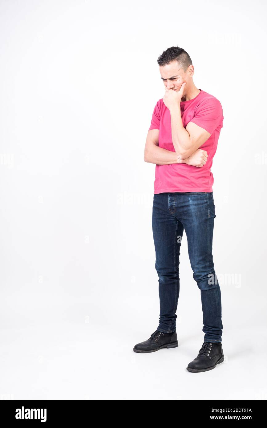 Worried man. White background, full body Stock Photo - Alamy