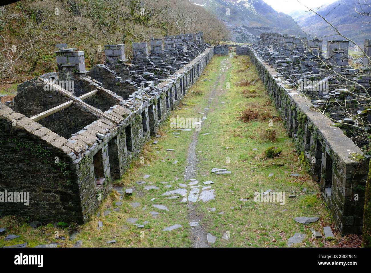 old slate workers' cottages known as Anglesey Barracks, near Llanberis, Snowdonia, North Wales Stock Photo