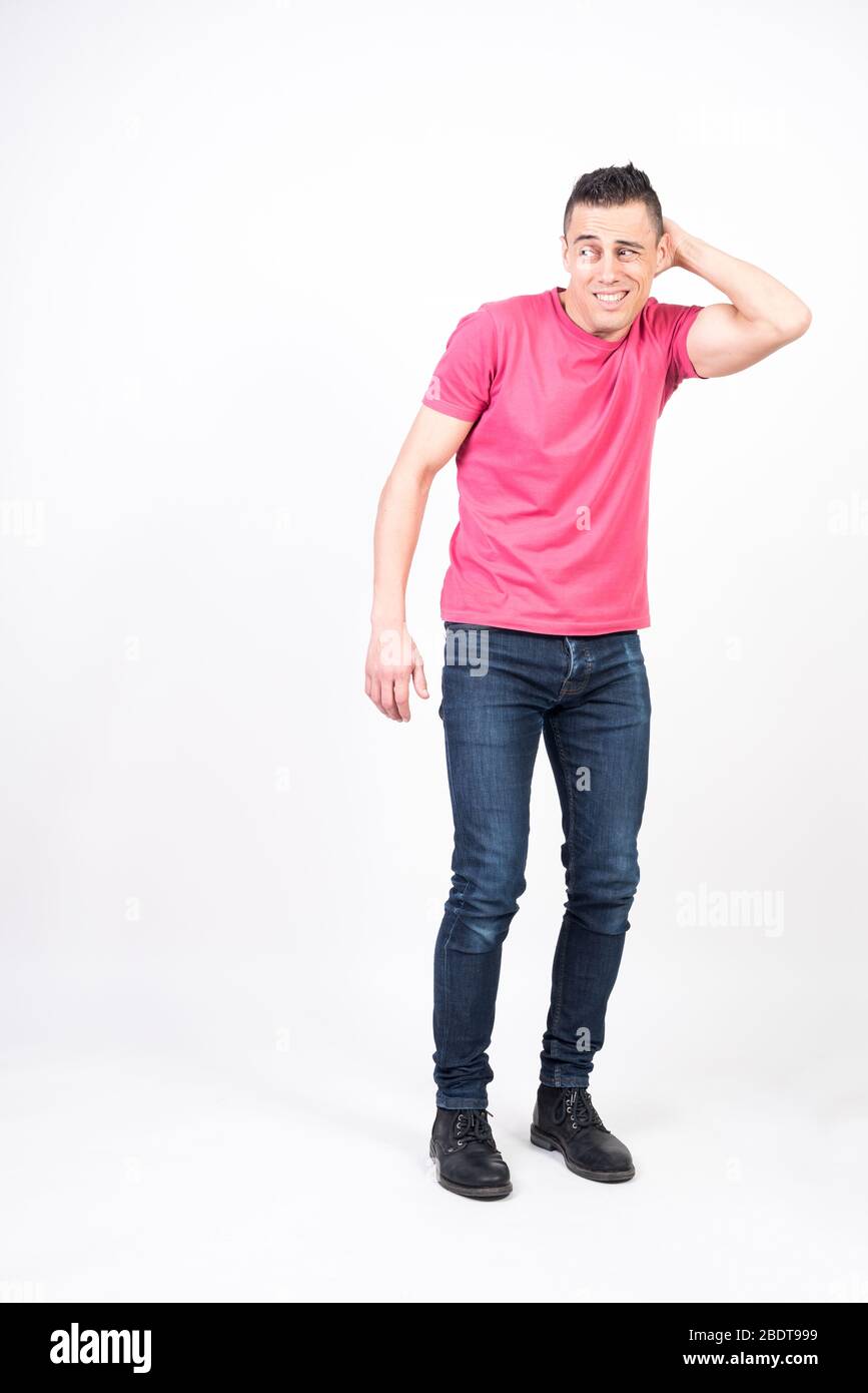 Shy man. White background, full body Stock Photo