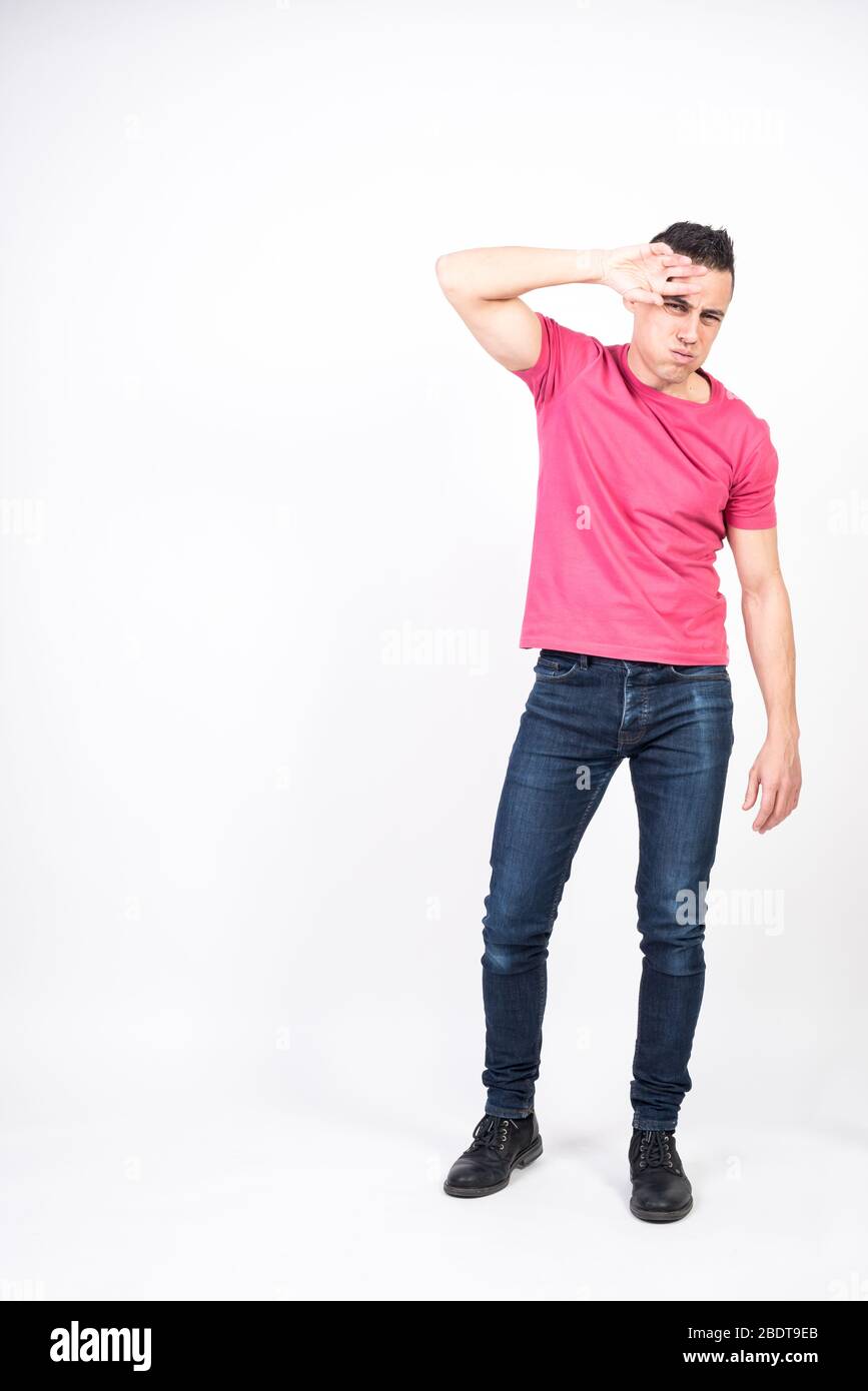 tired man wiping the sweat from his forehead with the back of his hand. on  white background, full body Stock Photo - Alamy