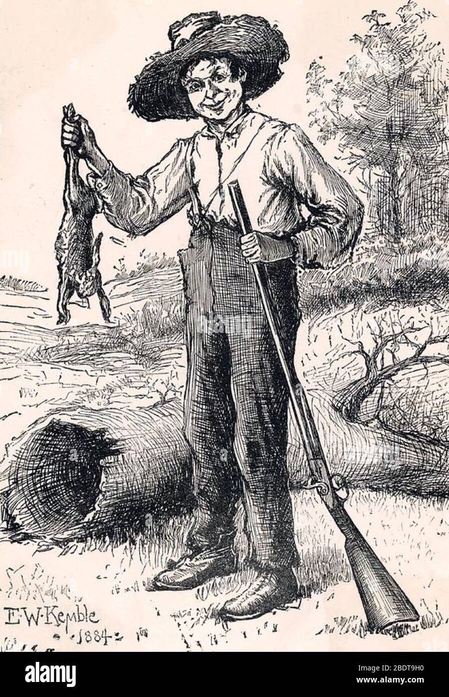 HUCKLEBERRY FINN character in two books by Mark Twain. Illustration by Edward Kemble from the 1884 'Adventures of Huckleberry Finn' Stock Photo