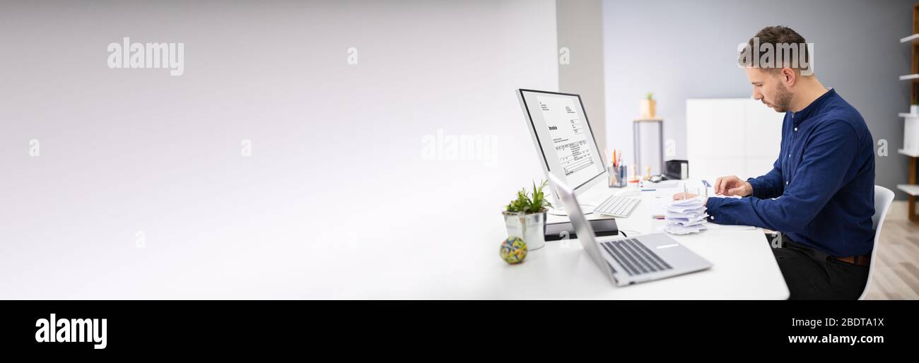 Accountant Using E Invoice Software Calculating Electronic Bill Stock Photo