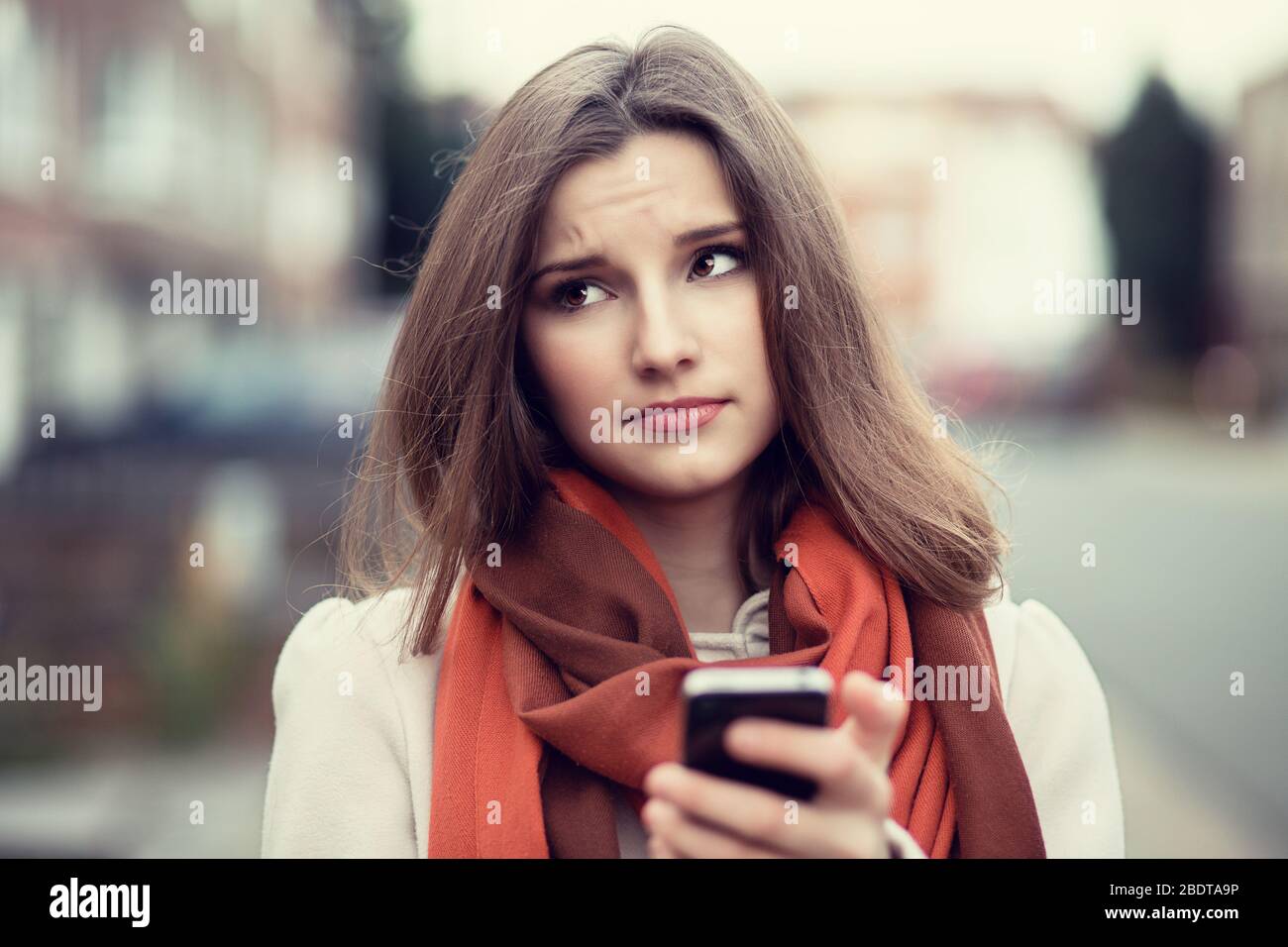 Closeup portrait funny sad young girl looking up thinking seeing ...