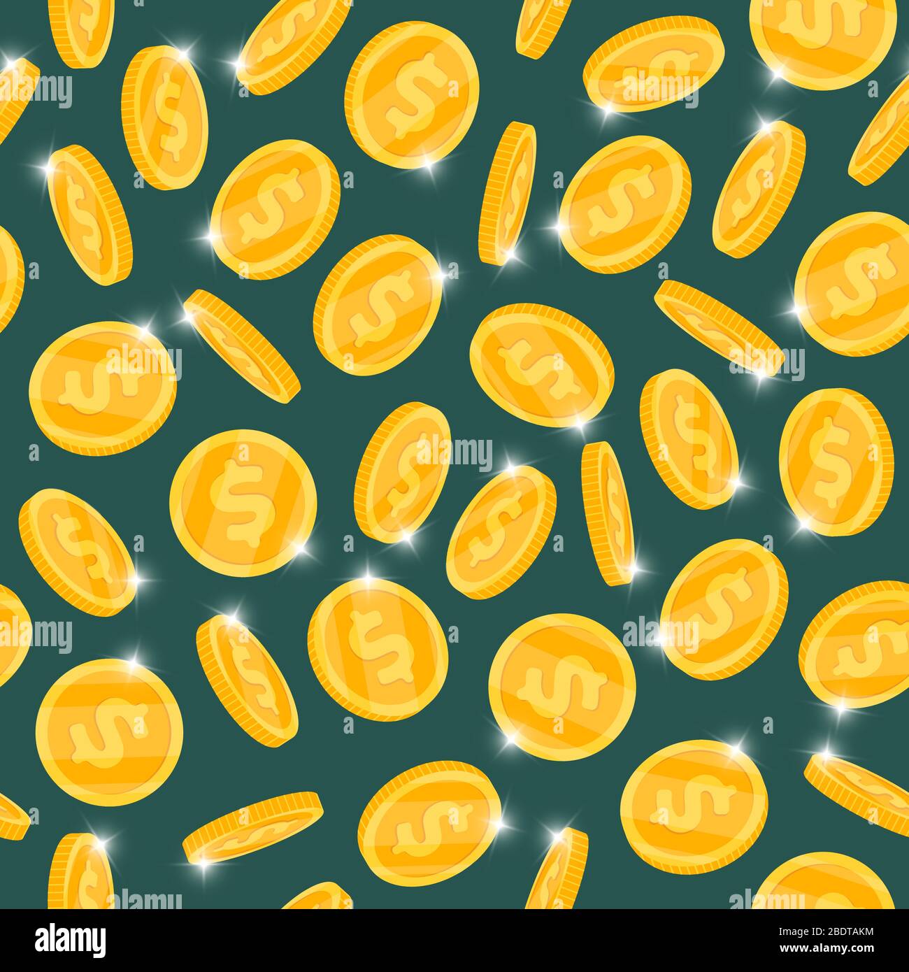 Falling 3d gold dollar money coins seamless pattern on dark background. Bingo jackpot casino poker win cash treasure concept flat eps vector illustration Stock Vector