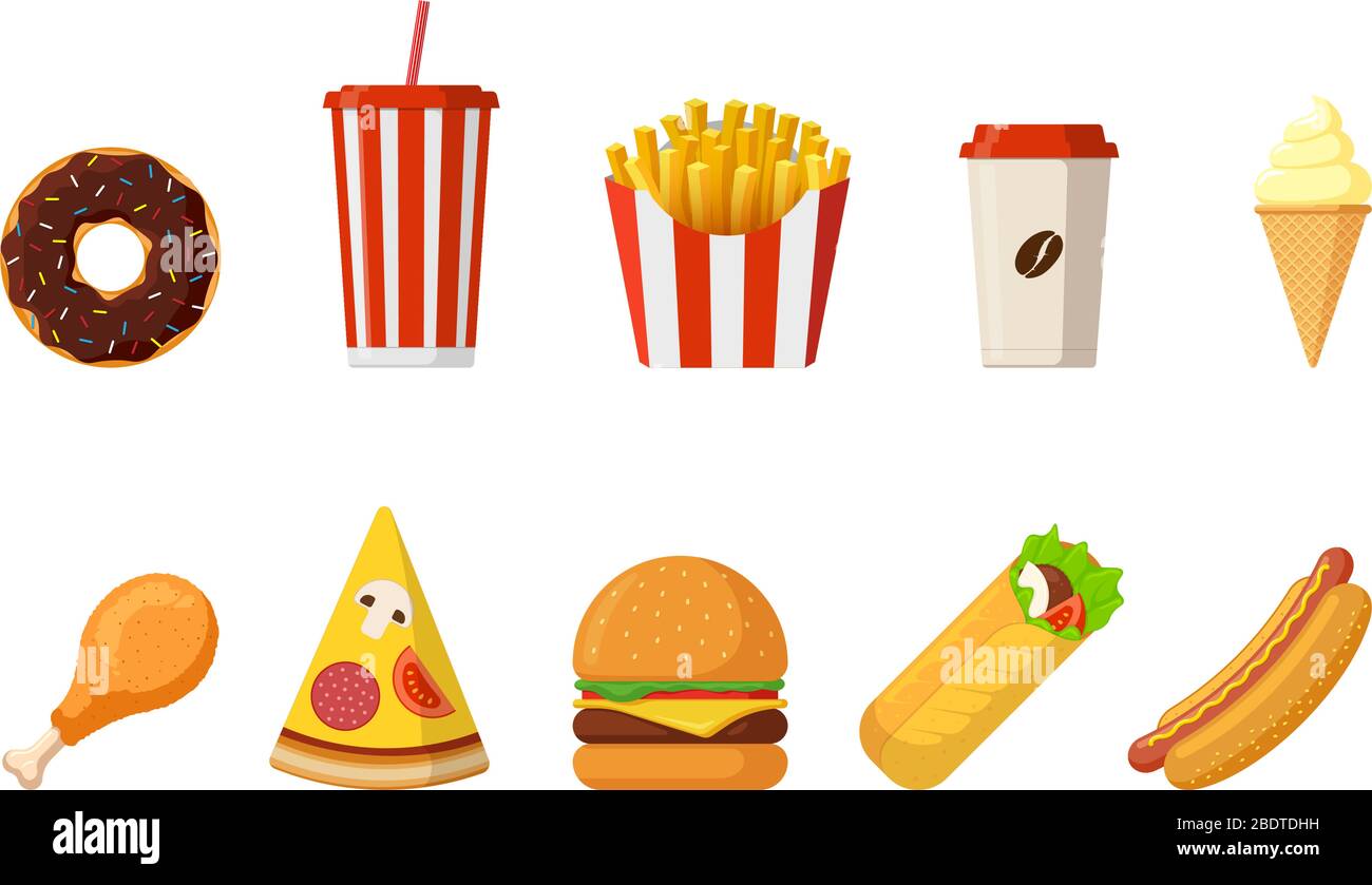 Fast sreet food lunch or breakfast meal set. Cheeseburger, french fries, fried crispy chicken leg, glazed donut, soft soda, coffee cup, ice cream, hot dog, pizza and doner kebab. Vector illustration Stock Vector