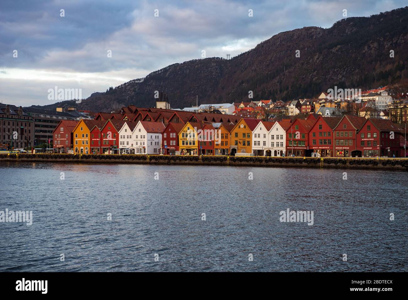 A usually popular tourist destination Bryggen a World heritage site UNESCO in Bergen, Norway during the covid-19 epidemic 2020 Easter time. Stock Photo