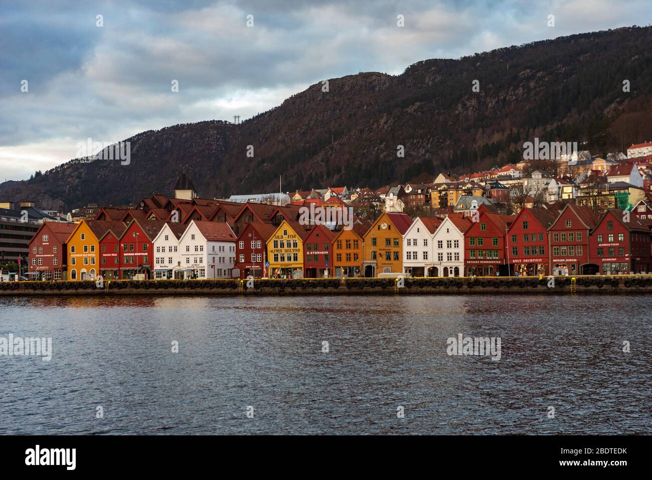 A usually popular tourist destination Bryggen a World heritage site UNESCO in Bergen, Norway during the covid-19 epidemic 2020 Easter time. Stock Photo