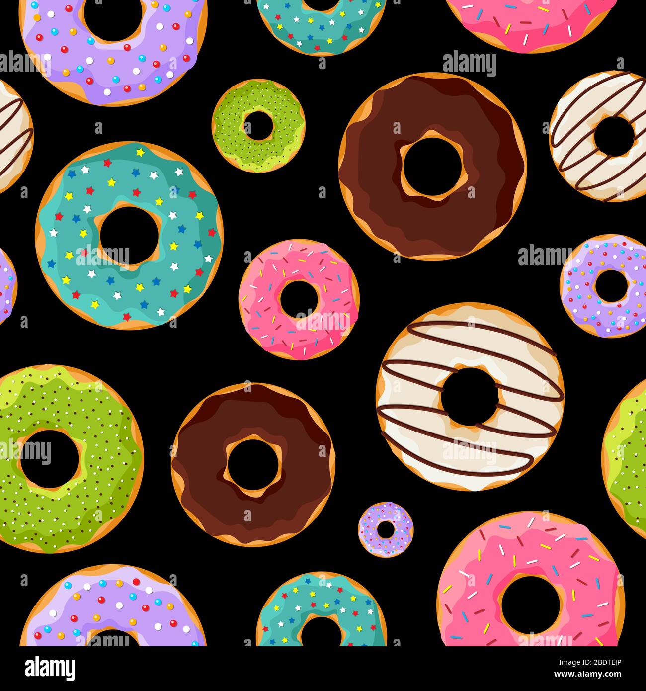 Cute colorful glazed sweet donuts seamless pattern on black background. Vector doughnut bakery food flat eps illustration Stock Vector