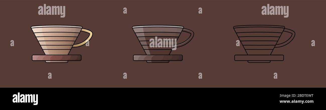 Pour over coffee maker dripper icon. Vector illustration. Black line on brown background Stock Vector