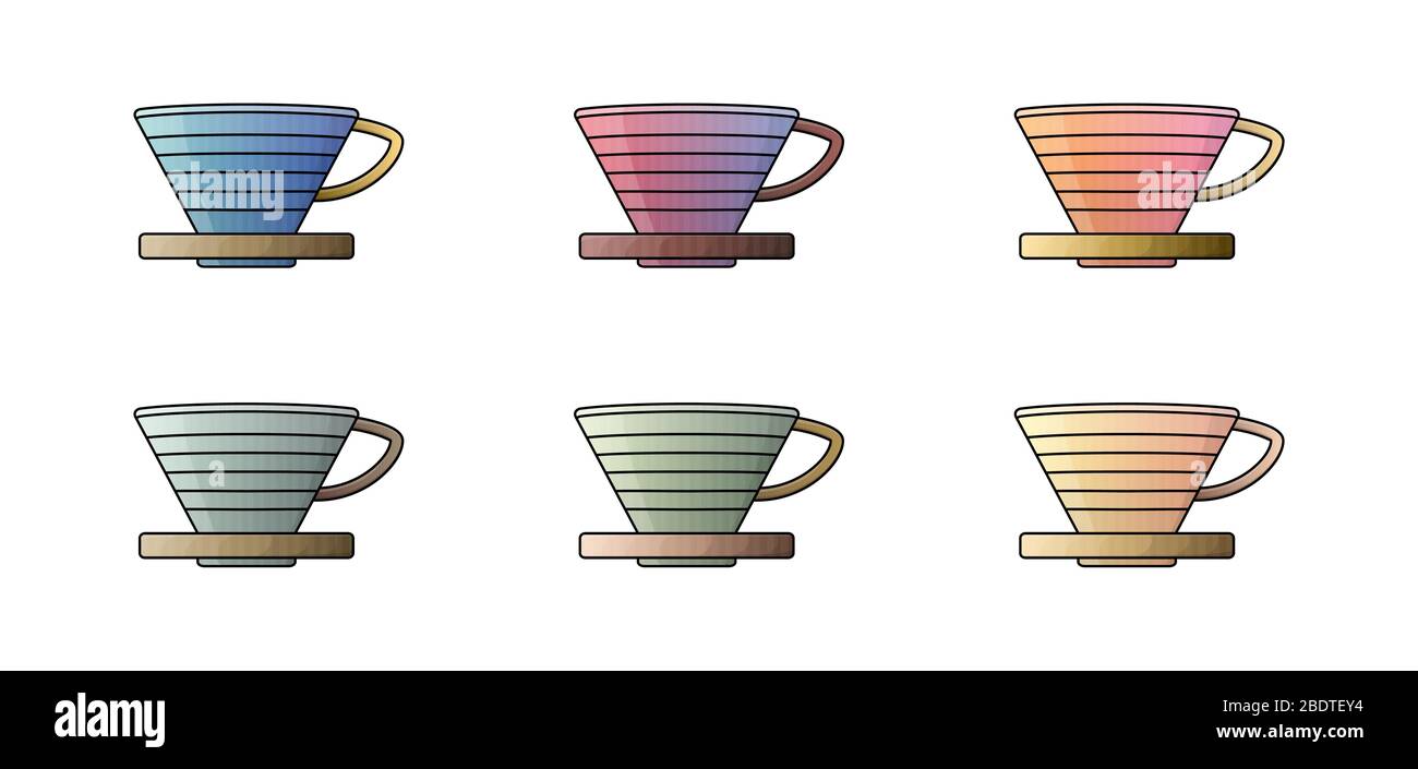 Colour pour over coffee maker dripper icon. Vector illustration. Black line on white background Stock Vector