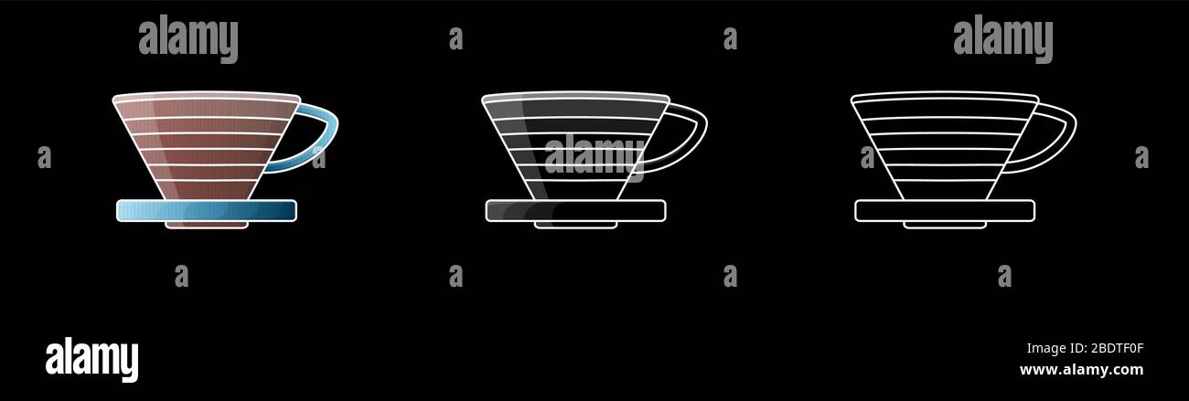 Pour over coffee maker dripper icon. Vector illustration. White line on black background Stock Vector