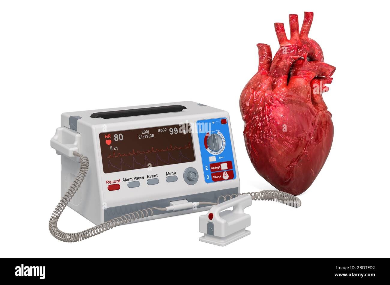 Defibrillator with human heart, 3D rendering isolated on white