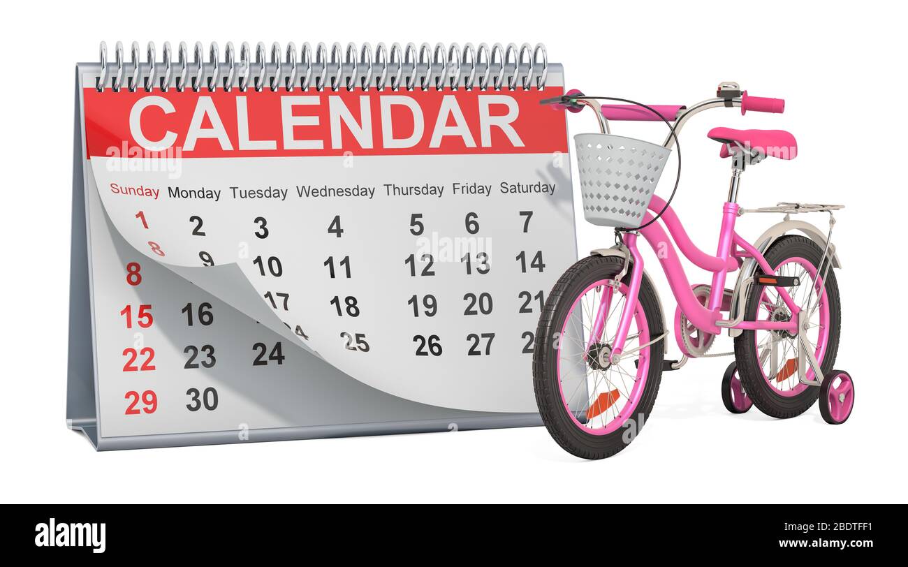 Desk calendar with kids bicycle with training wheels, 3D rendering