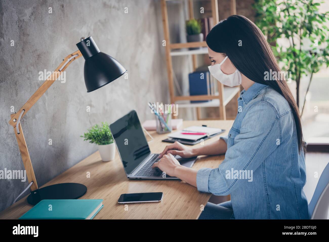 Profile side view portrait of her she nice attractive focused busy brunette girl professional copywriter designer financier using laptop working in Stock Photo