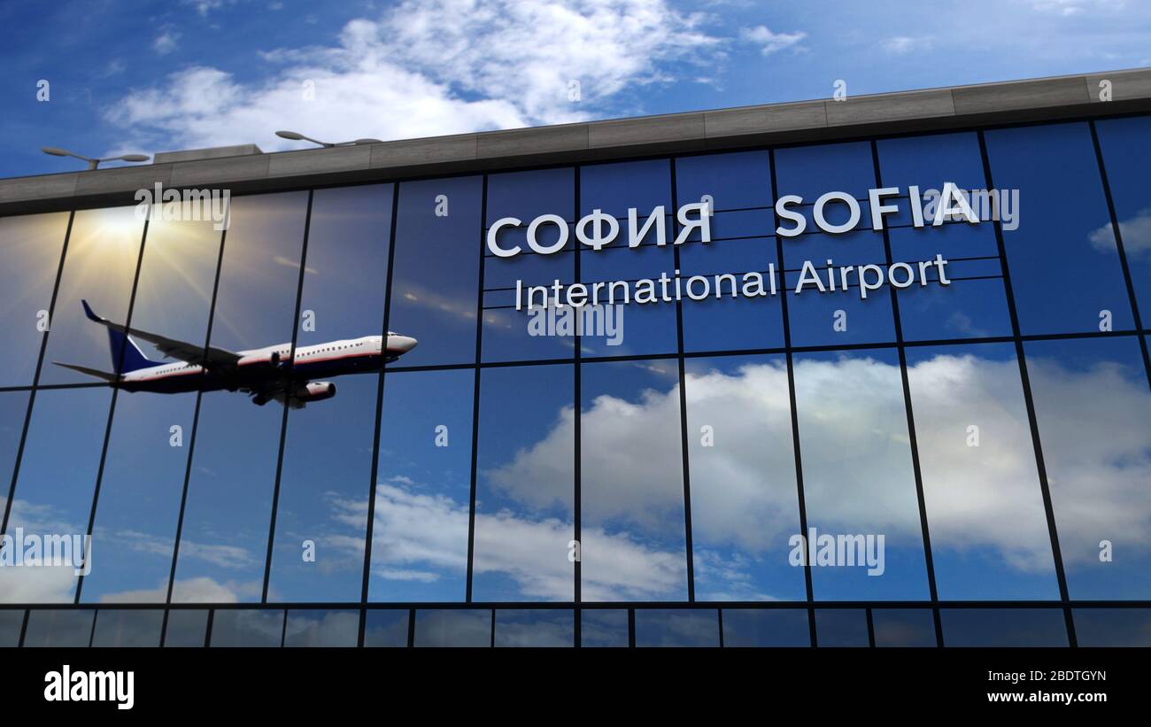Jet aircraft landing at Sofia, Bulgaria 3D rendering illustration. Arrival in the city with the glass airport terminal and reflection of the plane. Tr Stock Photo