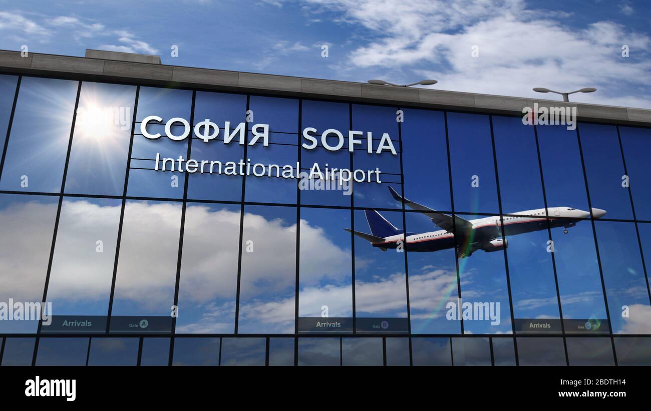 Jet aircraft landing at Sofia, Bulgaria 3D rendering illustration. Arrival in the city with the glass airport terminal and reflection of the plane. Tr Stock Photo
