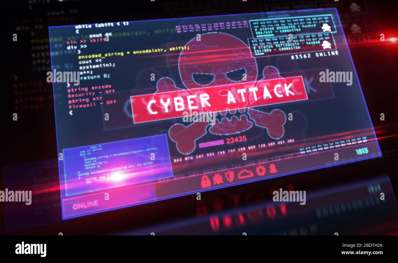 Cyber attack red alert with skull symbol on computer screen with glitch effect. Hacking, breach security system, cybercrime, piracy, digital safety an Stock Photo
