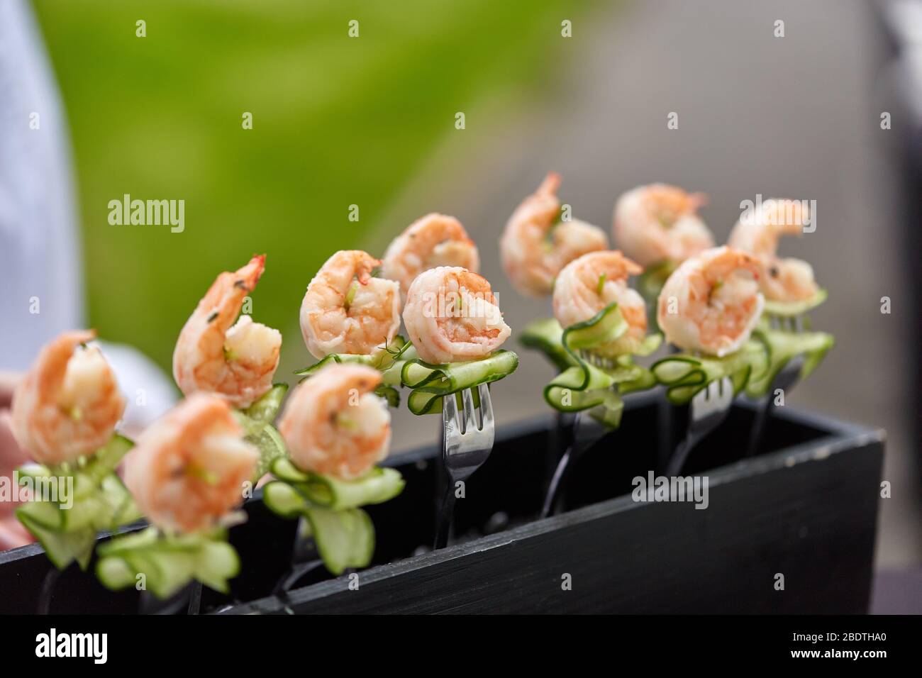 King prawn and cucumber on a fork. Appetizers Stock Photo