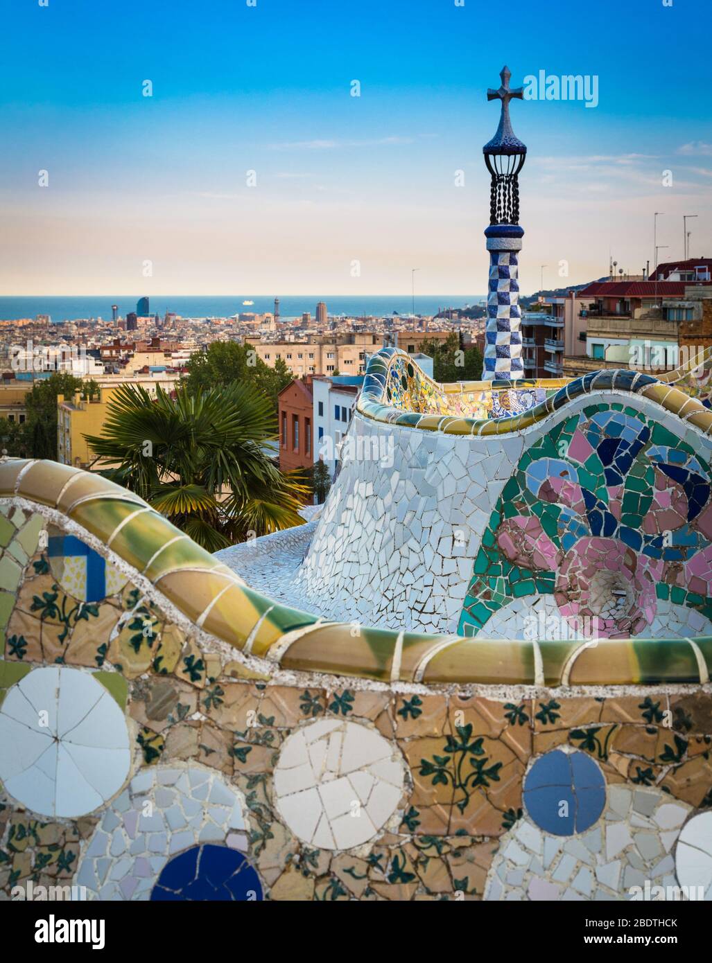 Terrace wall at Parc Guell, Barcelona, Spain. Stock Photo