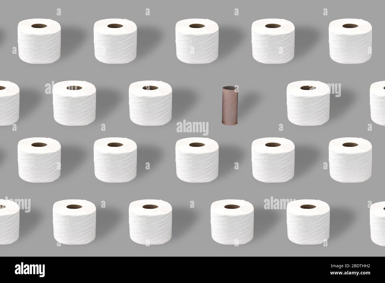 Toilet paper rolls with and empty roll, toilet roll holder on a grey background Stock Photo