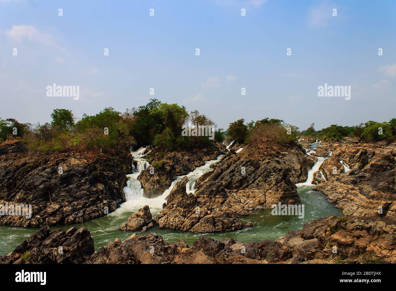 Li Phi Falls on Mekong River. Famous Landscape in Mekong River Delta, 4000 islands, Champasak, Laos. Stock Photo