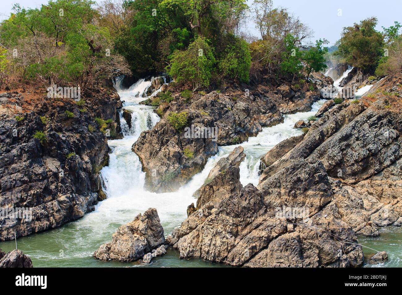 Li Phi Falls on Mekong River. Famous Landscape in Mekong River Delta, 4000 islands, Champasak, Laos. Stock Photo