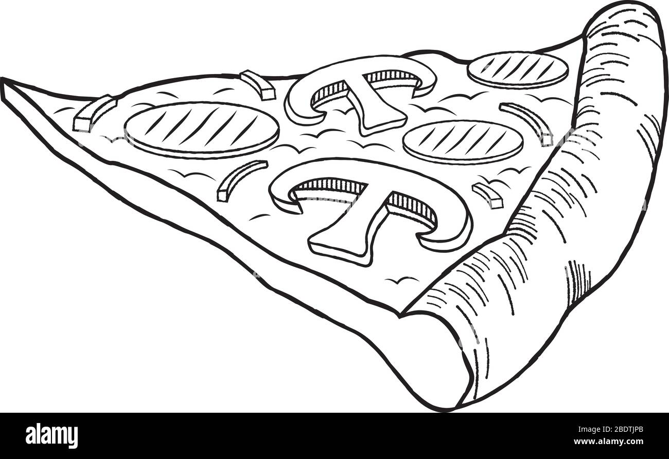 Pizza (ham, mushroom) black and white illustration/ drawing Stock