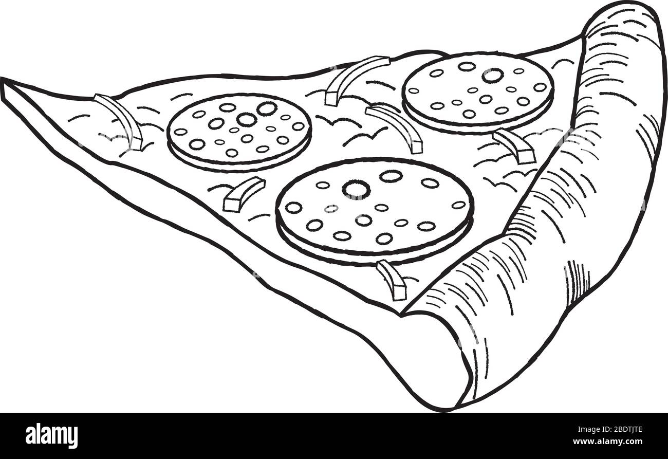 Pizza (pepperoni, onion) black and white illustration/ drawing Stock