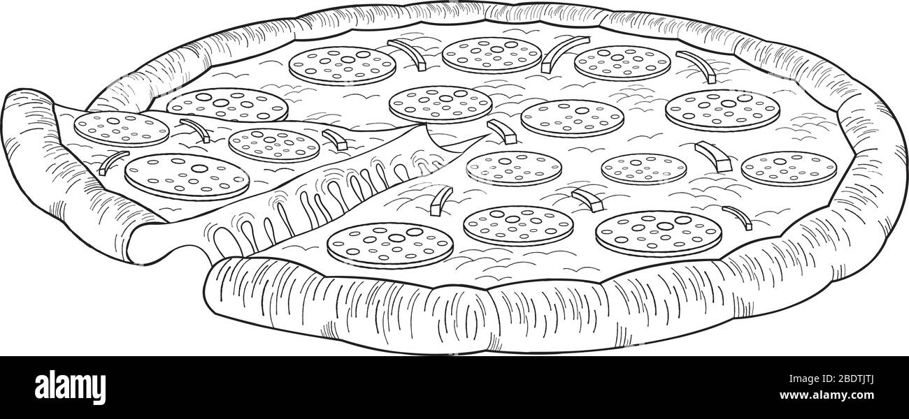 Pizza (pepperoni, onion) black and white illustration/ drawing Stock