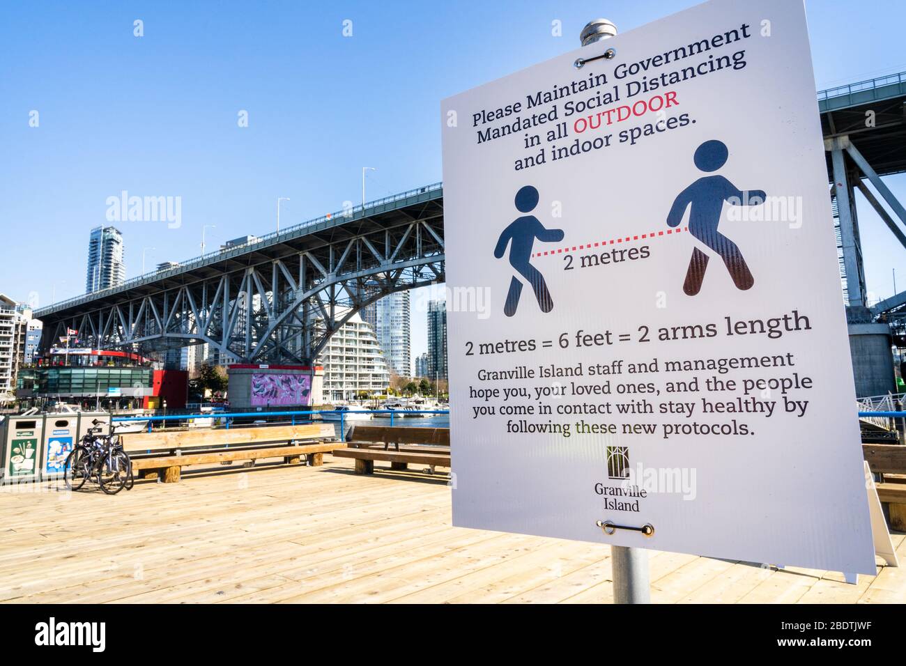 Vancouver, Canada - Apr 7, 2020: Empty courtyard on Granville Island during Coronavirus pandemic Stock Photo