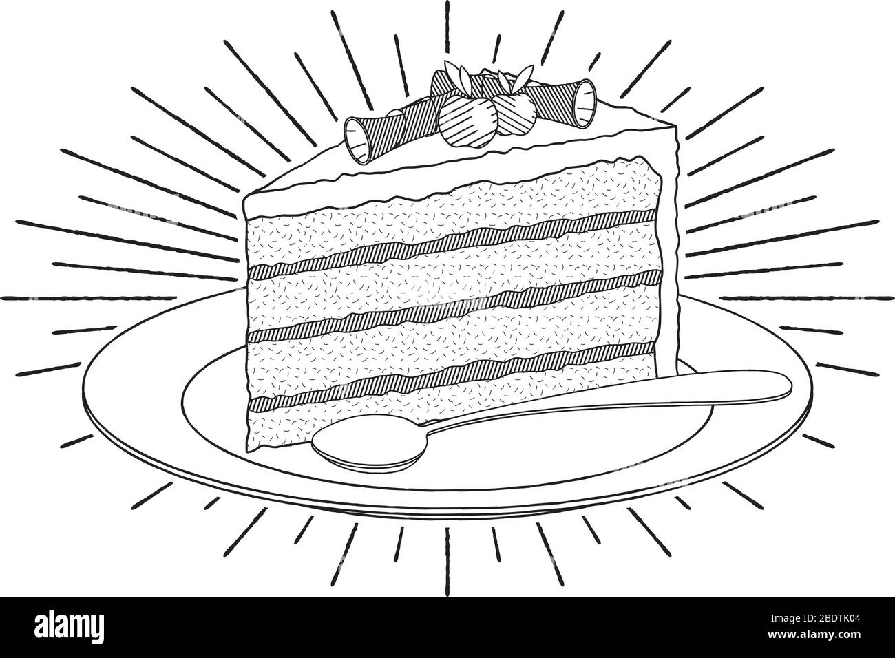 Cake/ dessert on plate, spoon black and white illustration/ drawing